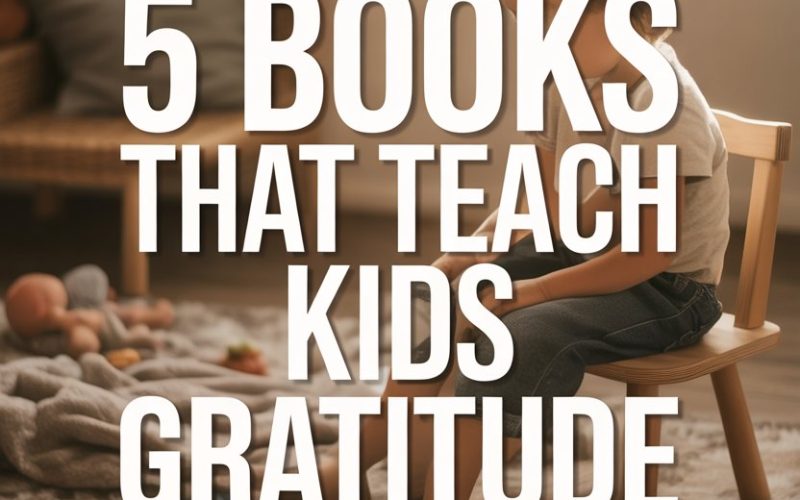 Child reading gratitude books in cozy home reading nook.