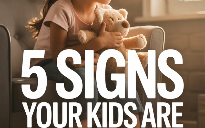 Young girl holding teddy bear, feeling sad or contemplative about family separation signs.