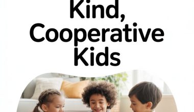 Children stacking blocks together, promoting kindness and cooperation in a cozy, well-lit playroom.
