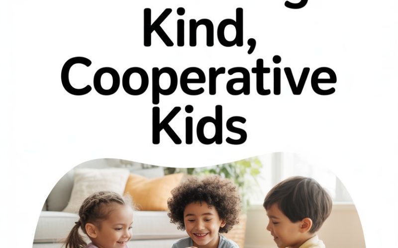 Children stacking blocks together, promoting kindness and cooperation in a cozy, well-lit playroom.