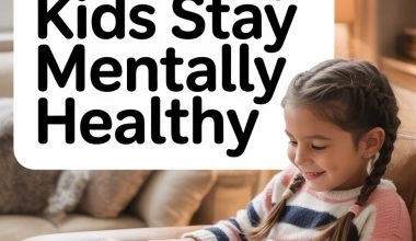 Young girl reading in cozy living room promotes kids mental health tips.