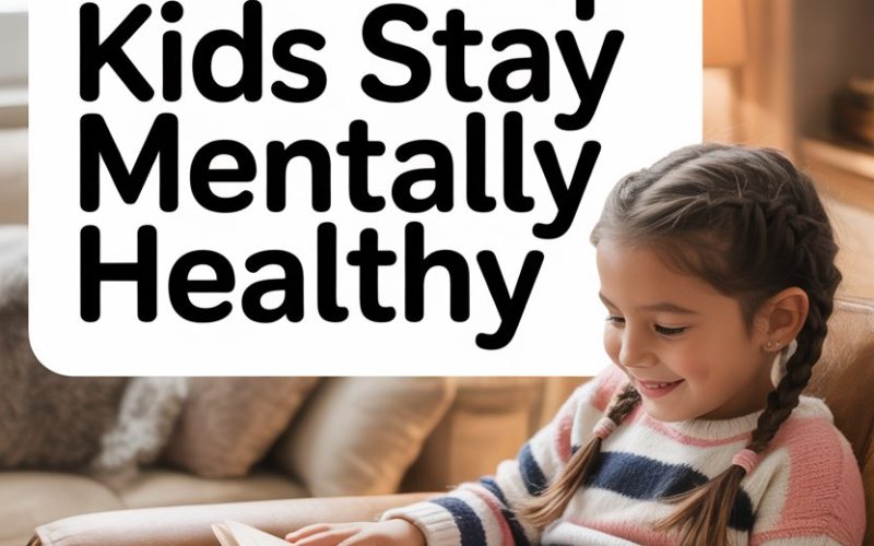 Young girl reading in cozy living room promotes kids mental health tips.