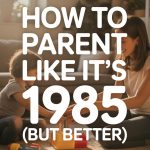 Parent-child bonding with colorful blocks in a cozy, sunlit living room, blending nostalgic and modern parenting.