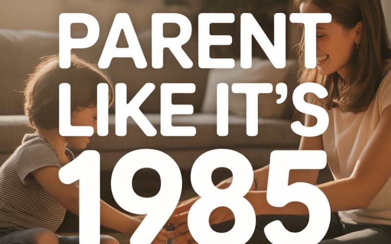 Parent-child bonding with colorful blocks in a cozy, sunlit living room, blending nostalgic and modern parenting.