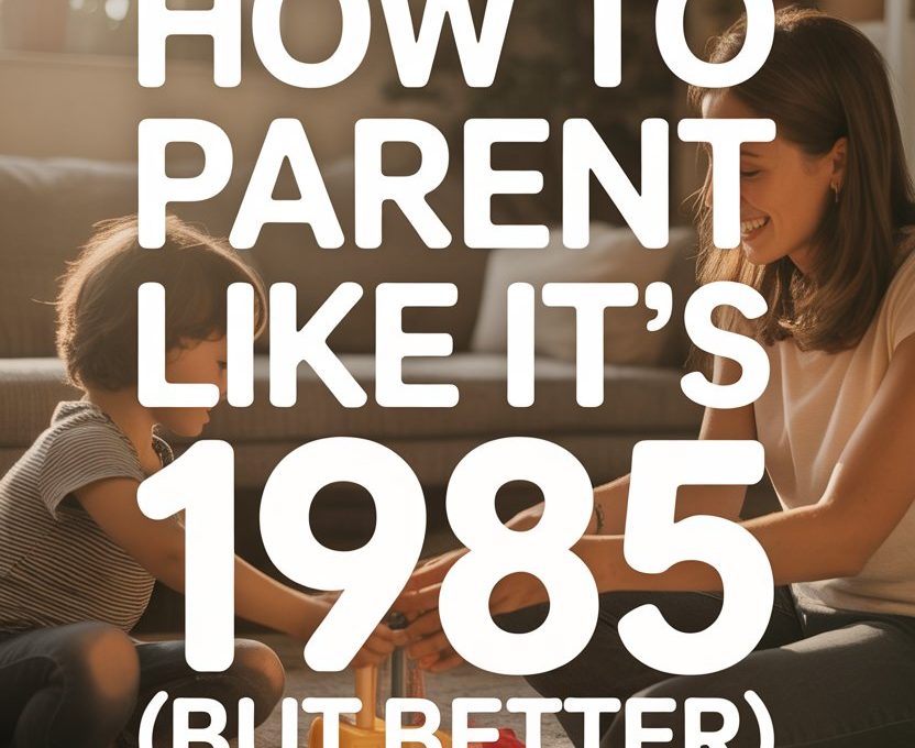 Parent-child bonding with colorful blocks in a cozy, sunlit living room, blending nostalgic and modern parenting.