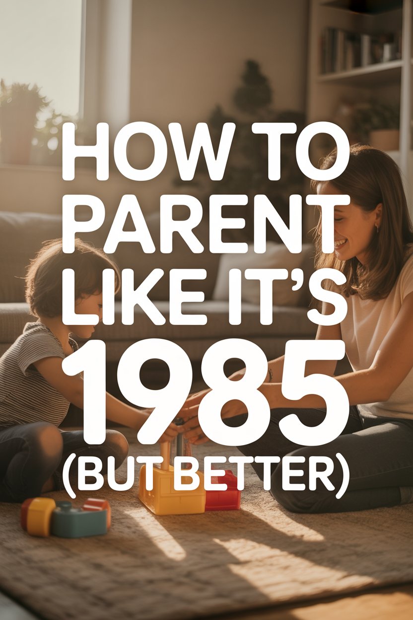 Parent-child bonding with colorful blocks in a cozy, sunlit living room, blending nostalgic and modern parenting.