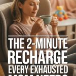 Relaxed mom enjoying a warm beverage in cozy home with soothing, self-care vibes.