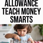 Child learning money management by saving coins in jars and using a piggy bank.