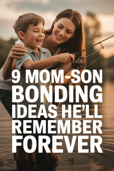 Mother and son bonding while fishing at sunset by peaceful water.