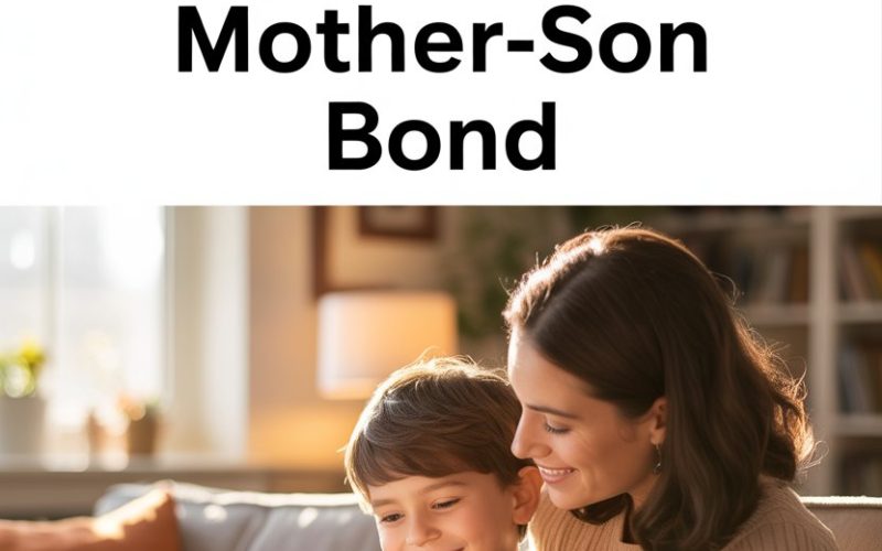 Mother and son sharing a cozy reading moment in a warm living room.