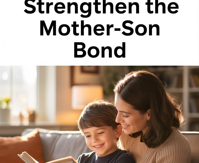 Mother and son sharing a cozy reading moment in a warm living room.