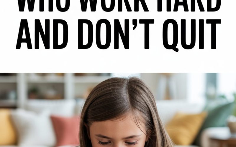 Motivational quote about raising hardworking, persistent kids with a child assembling a colorful puzzle at home.