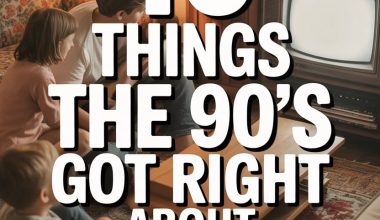 Nostalgic 90s family watching TV together in a cozy vintage living room.