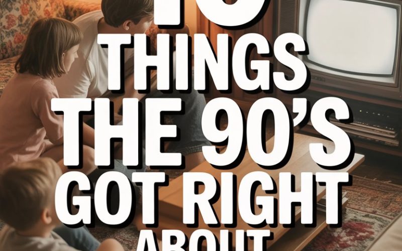 Nostalgic 90s family watching TV together in a cozy vintage living room.