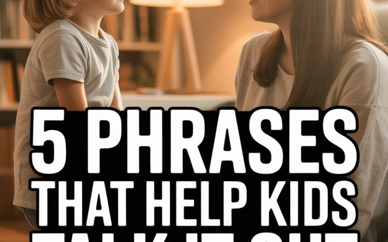 Supportive parent-child communication with comforting phrases in a warm, cozy home environment.