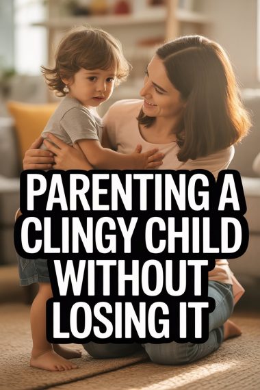 Mom comforting young, clingy child at home, promoting patience and nurturing in parenting.