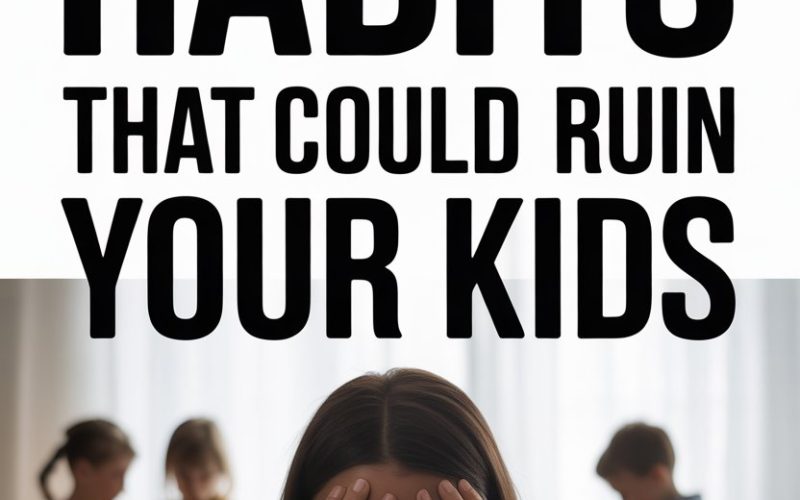 Parenting habits that can harm children, showing stressed mom and unaware kids at home.
