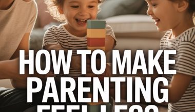 Happy family building with colorful blocks, emphasizing joyful, stress-free parenting and family bonding.