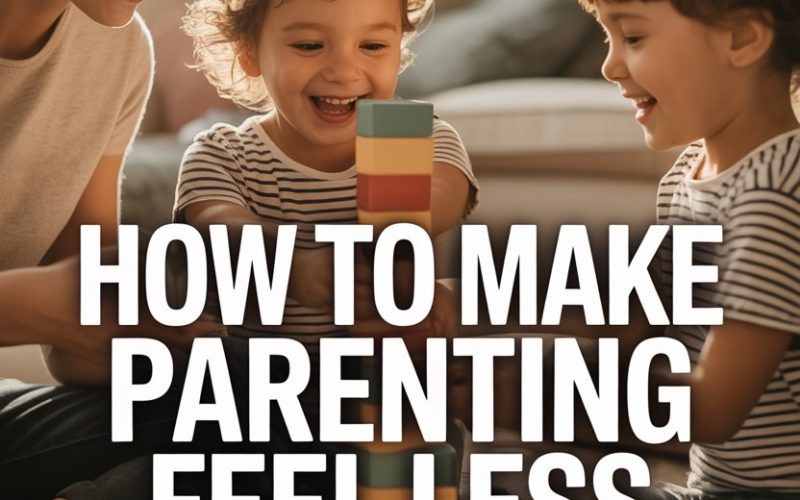 Happy family building with colorful blocks, emphasizing joyful, stress-free parenting and family bonding.
