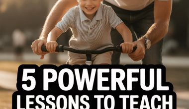 Father encouraging son riding bicycle in park, teaching essential parenting lessons for boys development.