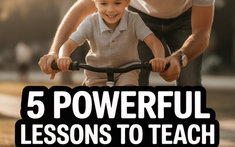 Father encouraging son riding bicycle in park, teaching essential parenting lessons for boys development.