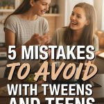 Two happy women in a cozy kitchen discussing parenting mistakes with tweens and teens.