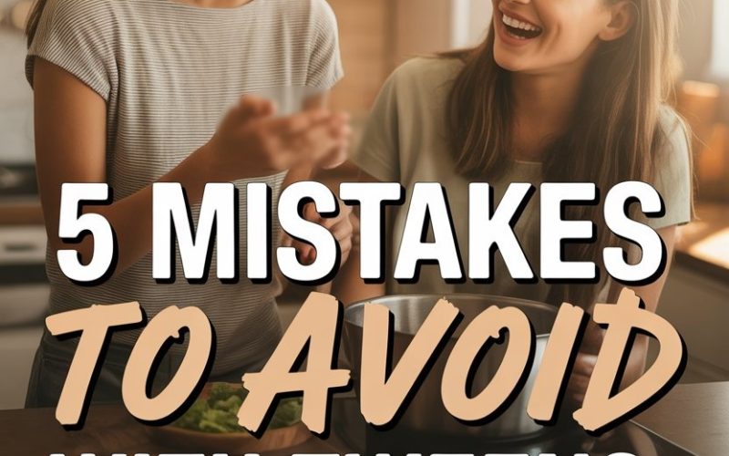 Two happy women in a cozy kitchen discussing parenting mistakes with tweens and teens.