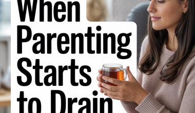 Relaxed mom enjoying self-care with hot tea in cozy home to ease parenting stress and burnout.