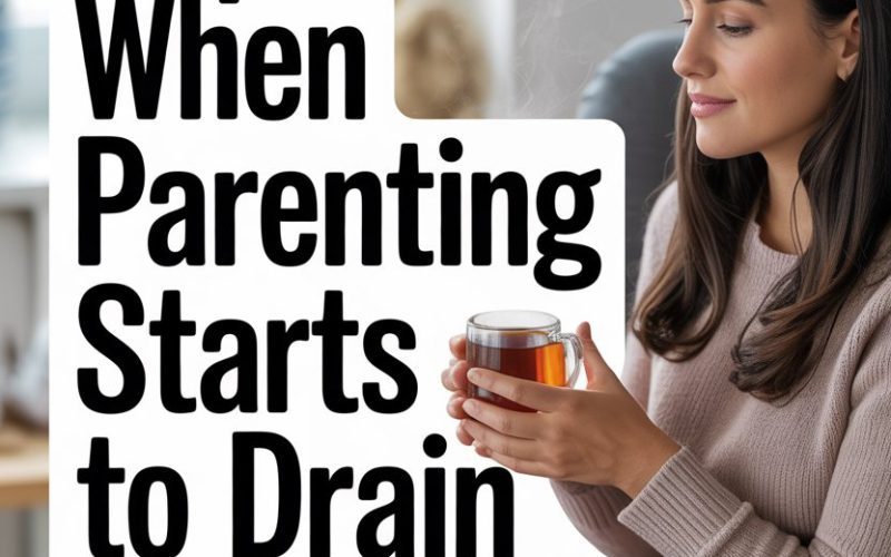 Relaxed mom enjoying self-care with hot tea in cozy home to ease parenting stress and burnout.