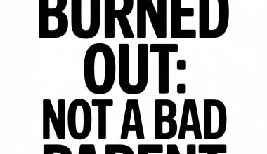 Mother and daughter outdoor bonding with supportive message about parental burnout and self-care.