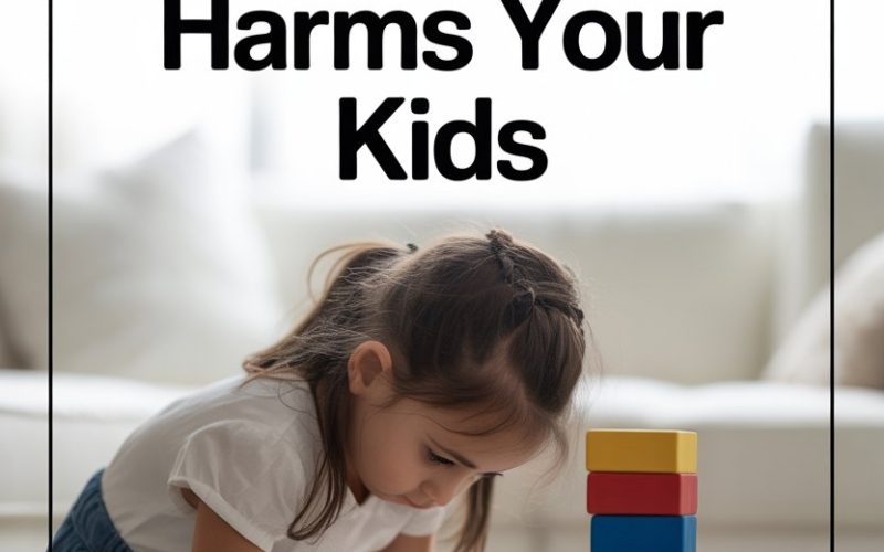 Young girl stacking colorful blocks, illustrating childhood development and the impact of perfectionism on kids.