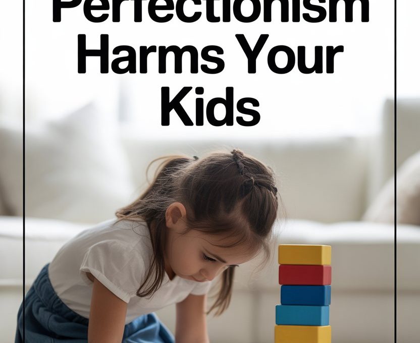 Young girl stacking colorful blocks, illustrating childhood development and the impact of perfectionism on kids.