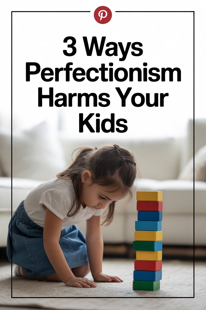 Young girl stacking colorful blocks, illustrating childhood development and the impact of perfectionism on kids.