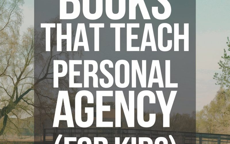 Childrens books fostering personal agency in kids, scenic outdoor setting with a bridge and reading.
