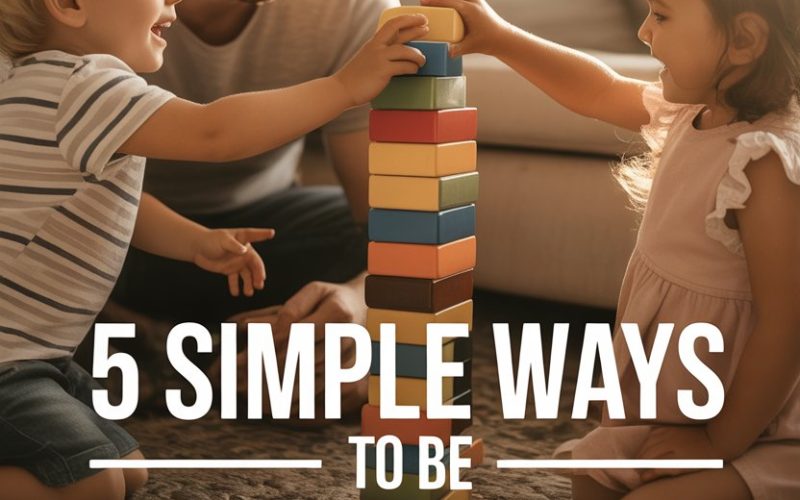 Joyful children and parent playing with colorful blocks indoors for bonding and fun activities.