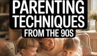 Warm family scene showcasing 90s positive parenting techniques with nurturing storytelling and child engagement.
