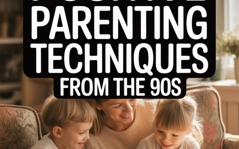 Warm family scene showcasing 90s positive parenting techniques with nurturing storytelling and child engagement.