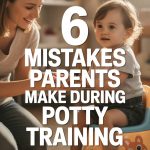 Mother helping her child with potty training in a cozy, supportive home environment.