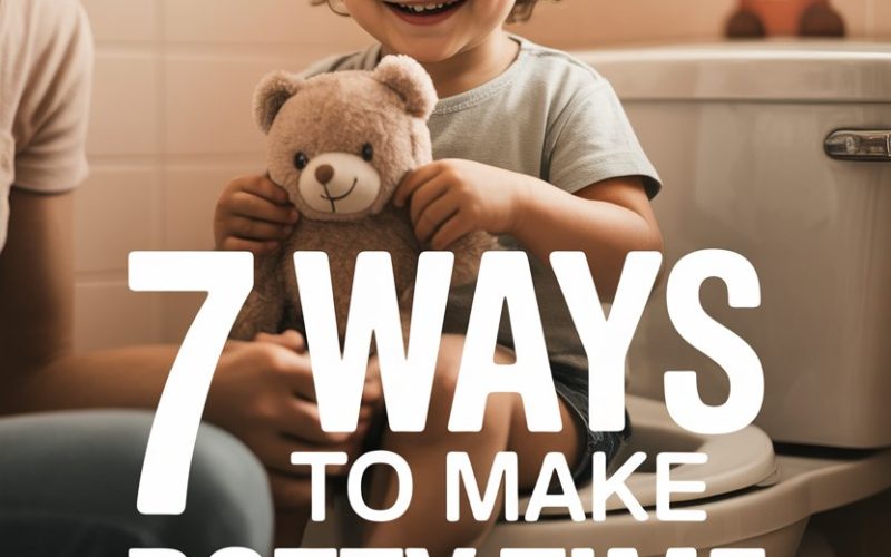 Child happily using potty with supportive adult during potty training in a cozy, child-friendly bathroom.
