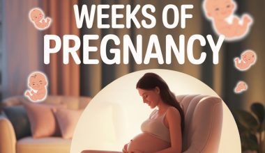 Pregnant woman relaxing at home with baby illustrations, highlighting first-week pregnancy essentials and wellness tips.