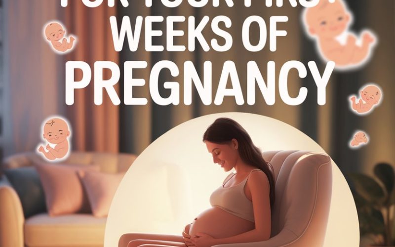 Pregnant woman relaxing at home with baby illustrations, highlighting first-week pregnancy essentials and wellness tips.