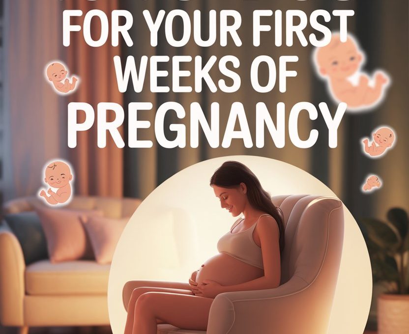 Pregnant woman relaxing at home with baby illustrations, highlighting first-week pregnancy essentials and wellness tips.