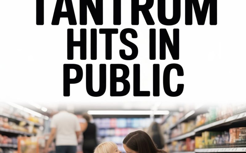 Parent comforting a child during a public tantrum in grocery store aisle.