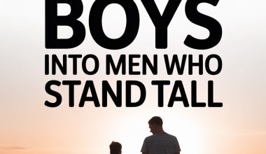 Motivational quote about nurturing boys into confident men at sunset beach.