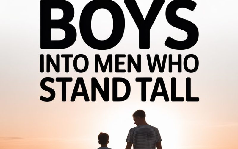 Motivational quote about nurturing boys into confident men at sunset beach.