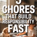 Child and puppy doing chores to build responsibility and encourage teamwork in a cozy home.
