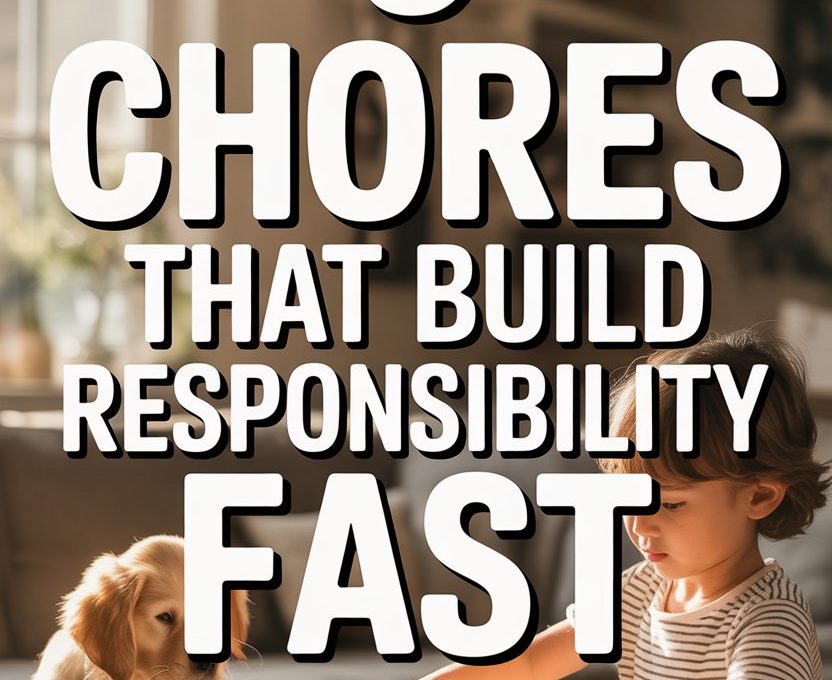 Child and puppy doing chores to build responsibility and encourage teamwork in a cozy home.