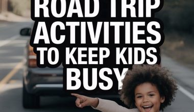 Cheerful girl pointing during a scenic road trip with fun activities for kids and family travel.