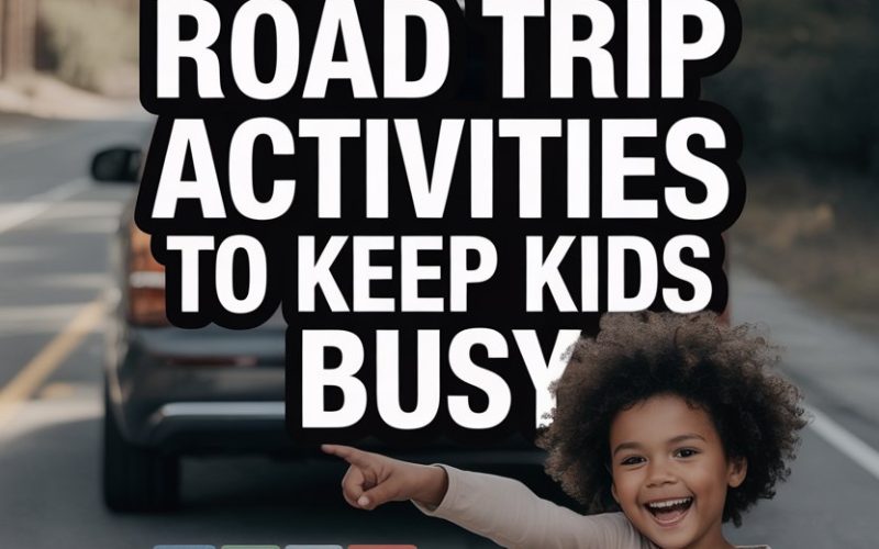 Cheerful girl pointing during a scenic road trip with fun activities for kids and family travel.