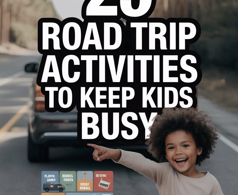 Cheerful girl pointing during a scenic road trip with fun activities for kids and family travel.